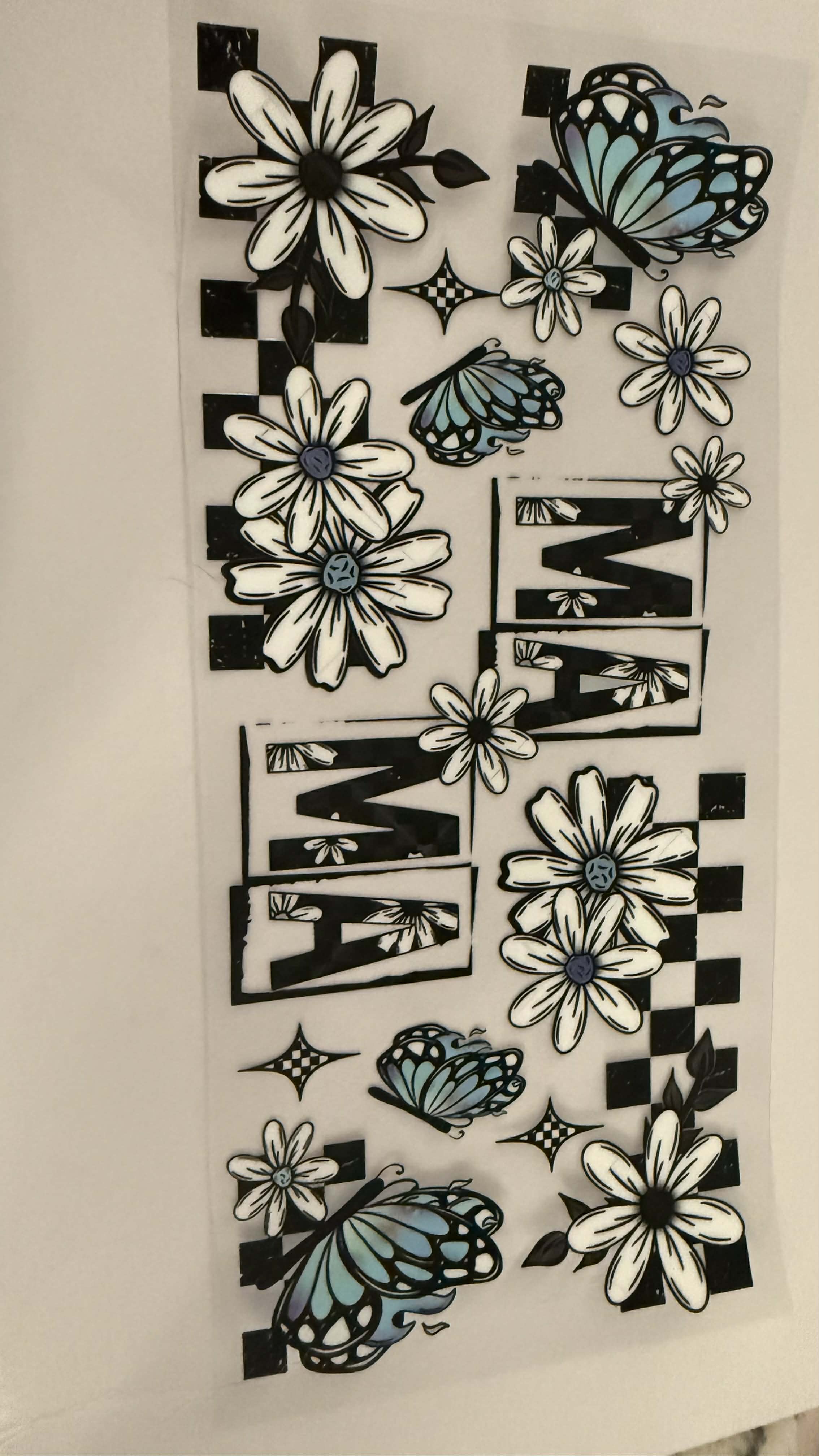 Mama with blue flowers and butterflies