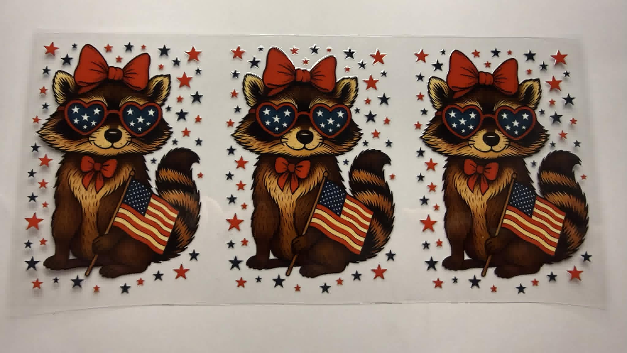 red, white and blue racoon